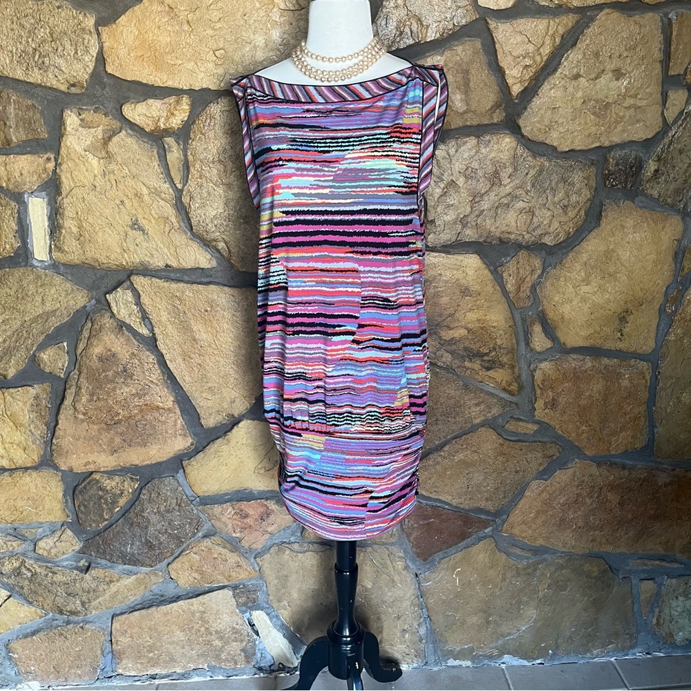 BCBGMaxAzria Purple and Pink Multi Asymmetrical Sleeveless Sheath Mini Dress